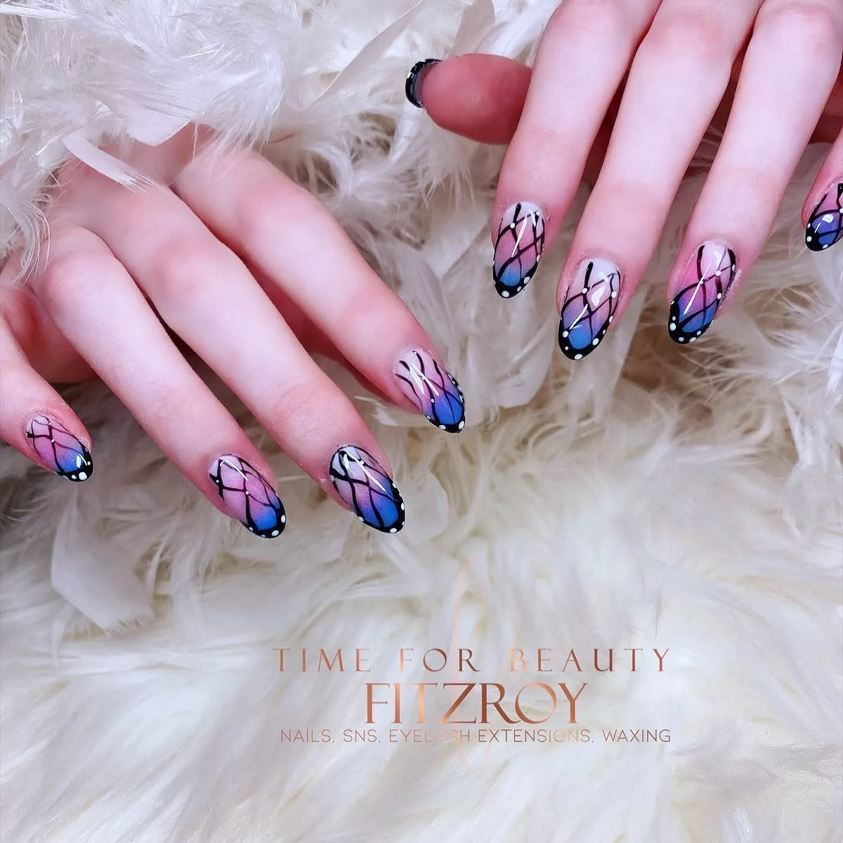 Butterfly wing gradient nails — iridescent blue to violet to magenta